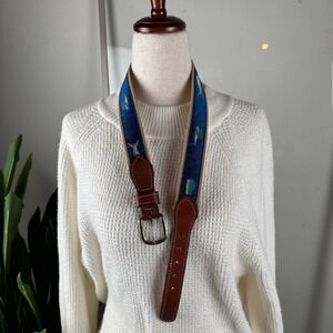 Fish Embroidered Belt Women 29" Blue Nautical Canvas Leather Preppy Marlin
